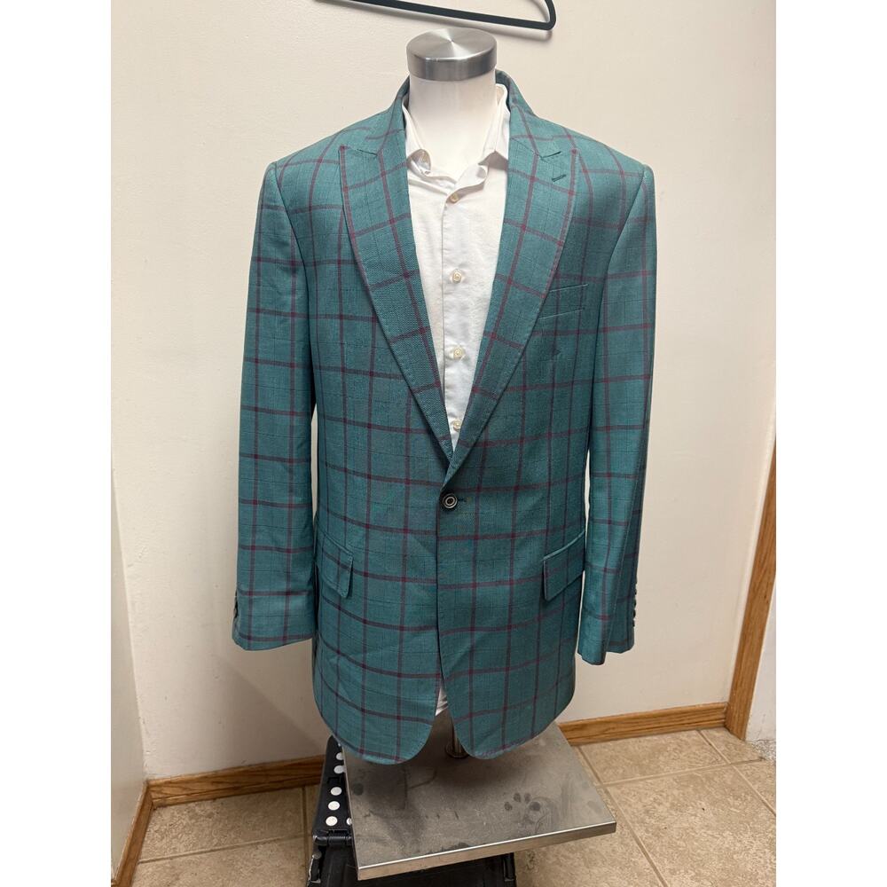 Statement Italy Confidence Blazer Mens 42L Green Windowpane Plaid Wool Two Btn